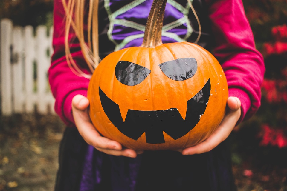 A little girl holding a pumpkin.